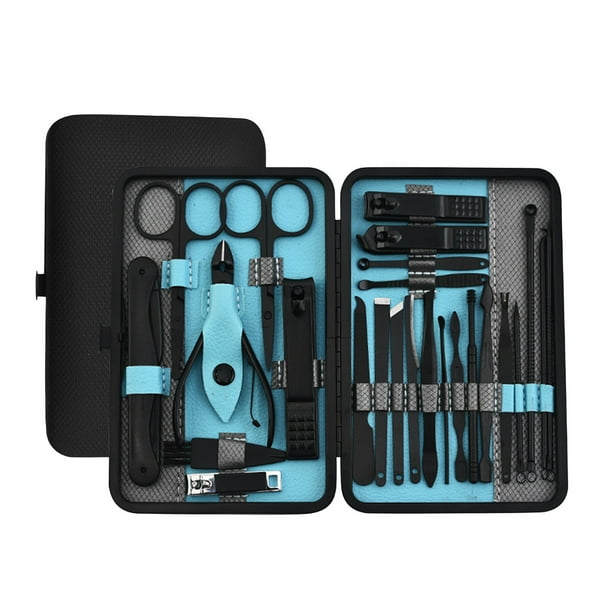 Kit de manicura y pedicura 25 en 1 de acero inoxidable, cortaúñas y kit de cuidado personal con estuche de viaje de cuero negro.