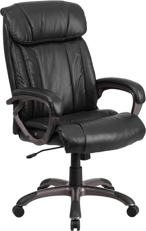 black leather office chair with white stitching