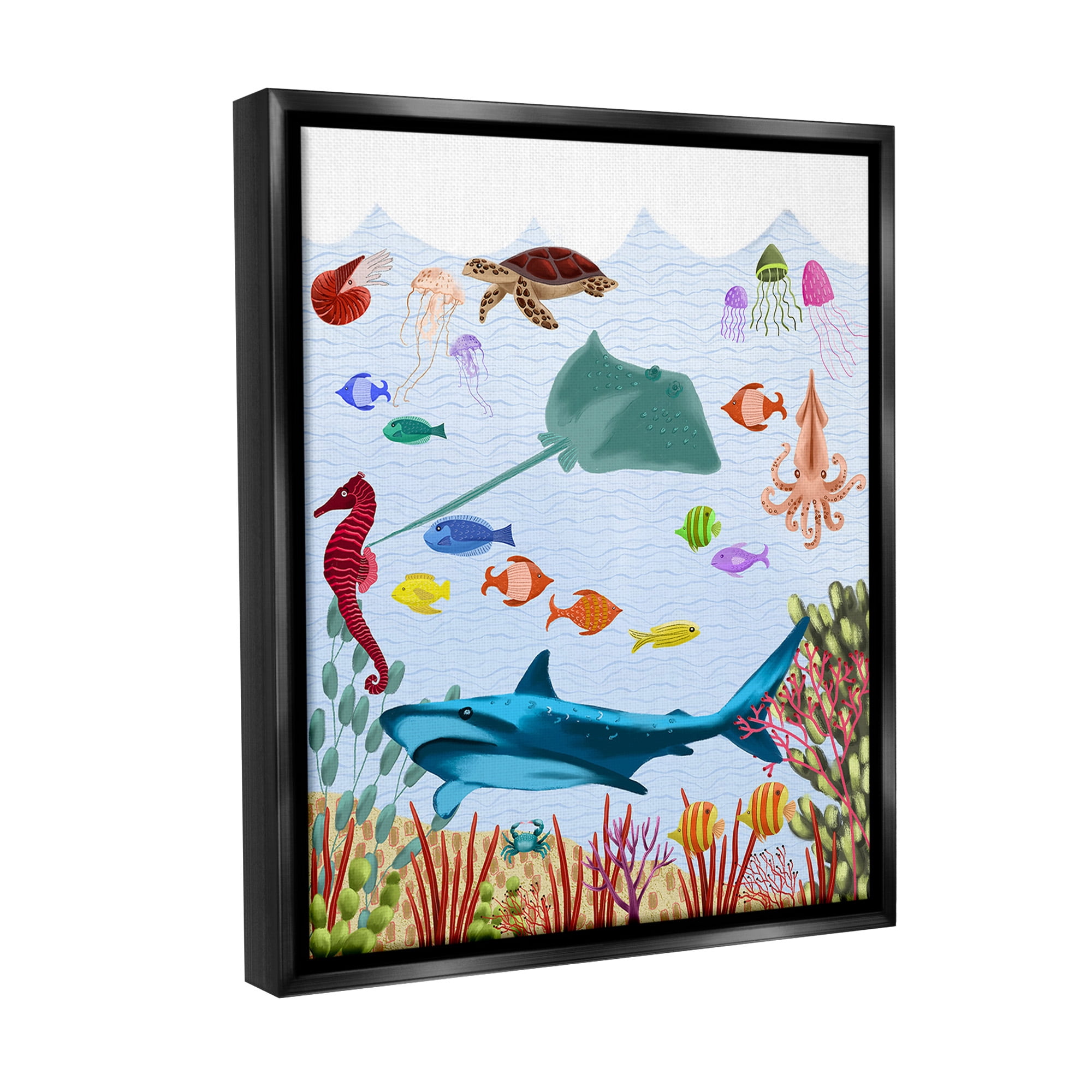 Stupell Industries Underwater Marine Life Animals & Insects Painting Black Floater Framed Canvas Art Print Wall Art, 25 x 31