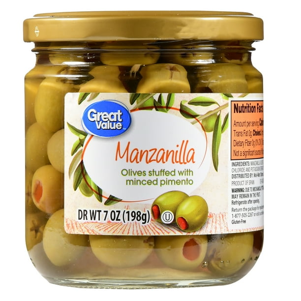 Great Value Manzanilla Olives Stuffed with Minced Pimento, 7 oz
