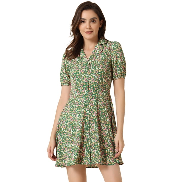 Vestido camisero floral vintage Allegra K de gasa con botones y manga corta para mujer Verde L