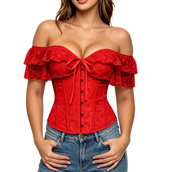 QQZ Off Shoulder Ruffle Corset Top For Women, Tummy Control Shapewear Women, Vintage Plus Size Lace Corset Top For Streetwear, Daily Outfits, Club & Party