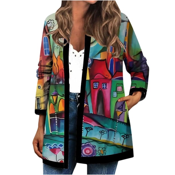Chaquetas para mujer, chaqueta de entrenamiento diario para vacaciones, cárdigan de otoño e invierno, abrigo de punto abierto, Top informal de manga larga con estampado Floral Odeerbi ODB-3