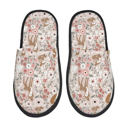 Balery Autumn Floral Deer Slient Indoor Furry Fleece Comfort House Shoes Soft Non-Slip Home Shoes Cotton slippers House Slippers-- Large