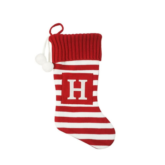 Holiday Time 19 inches Knit Monogram Stocking with letter "H", Red/White Striped