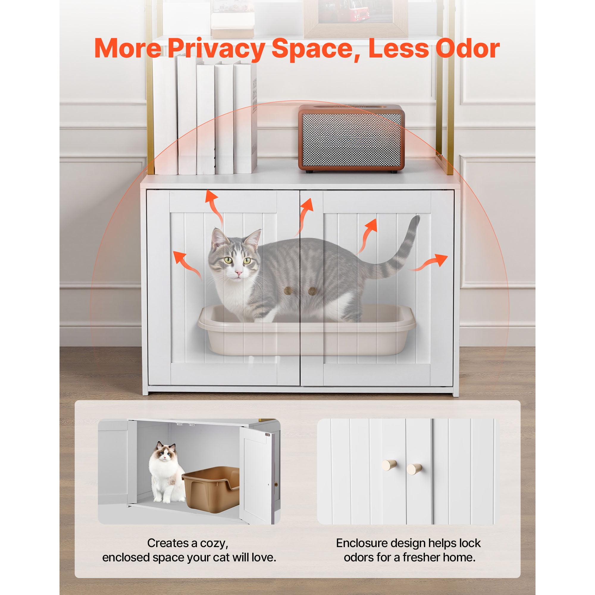 KFFKFF Cat Litter Box Enclosure Furniture, 27.6 in Cabinet with Metal Legs & Dual Storage Shelves, Waterproof Cat Washroom and House, Compatible with Most Litter Boxes, Ideal for Living Room