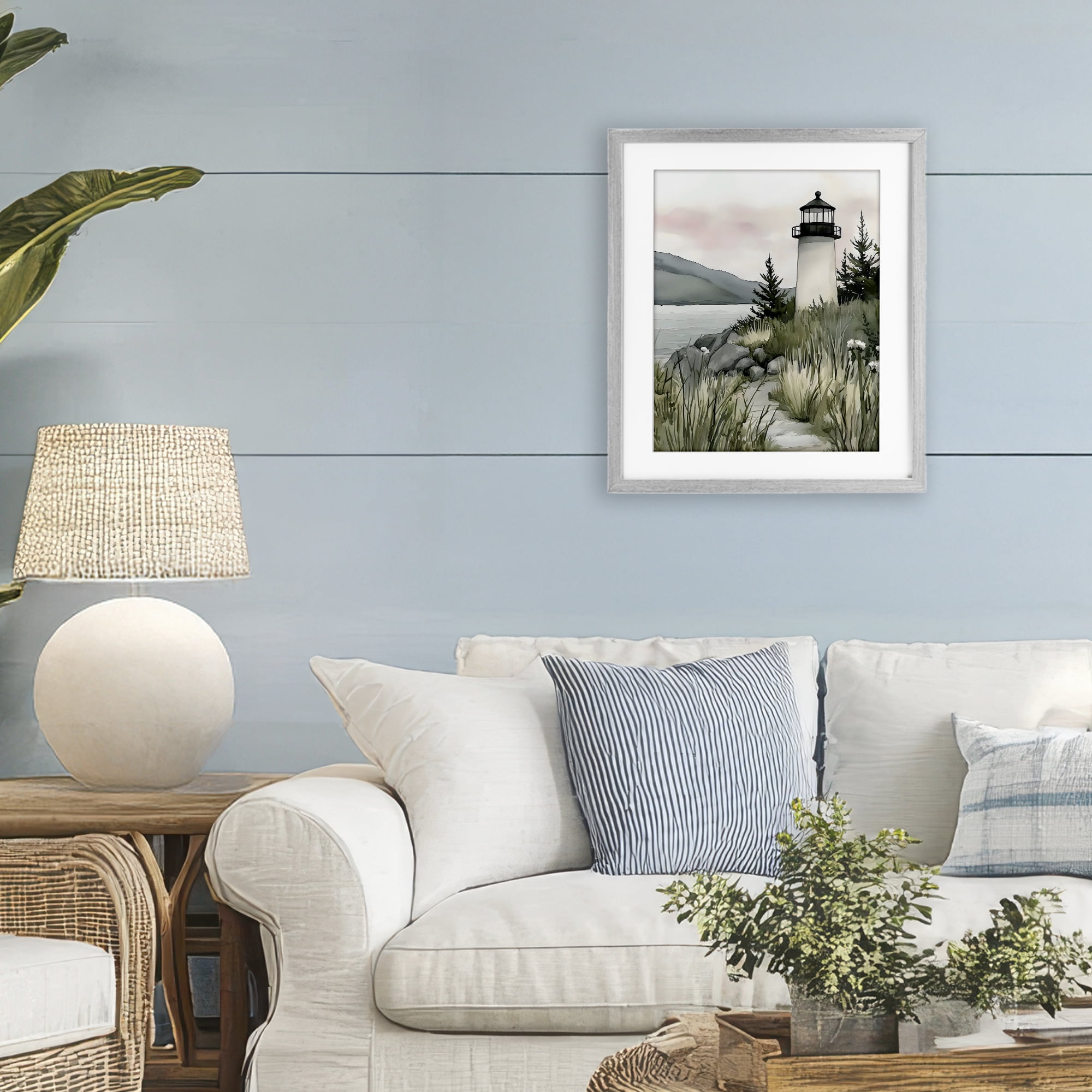 Stupell Industries Coastal Calm Lighthouse Gray Framed Print Under Glass, design by Riley B