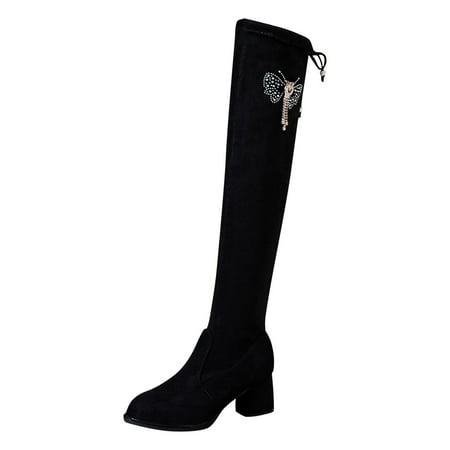 

Quealent Adult Women Shoes Taupe Over The Knee Boots for Women Wide Calf Womens Fashion Rhinestone Butterfly Stretch Solid Shoe for Women High Heel Black 7.5
