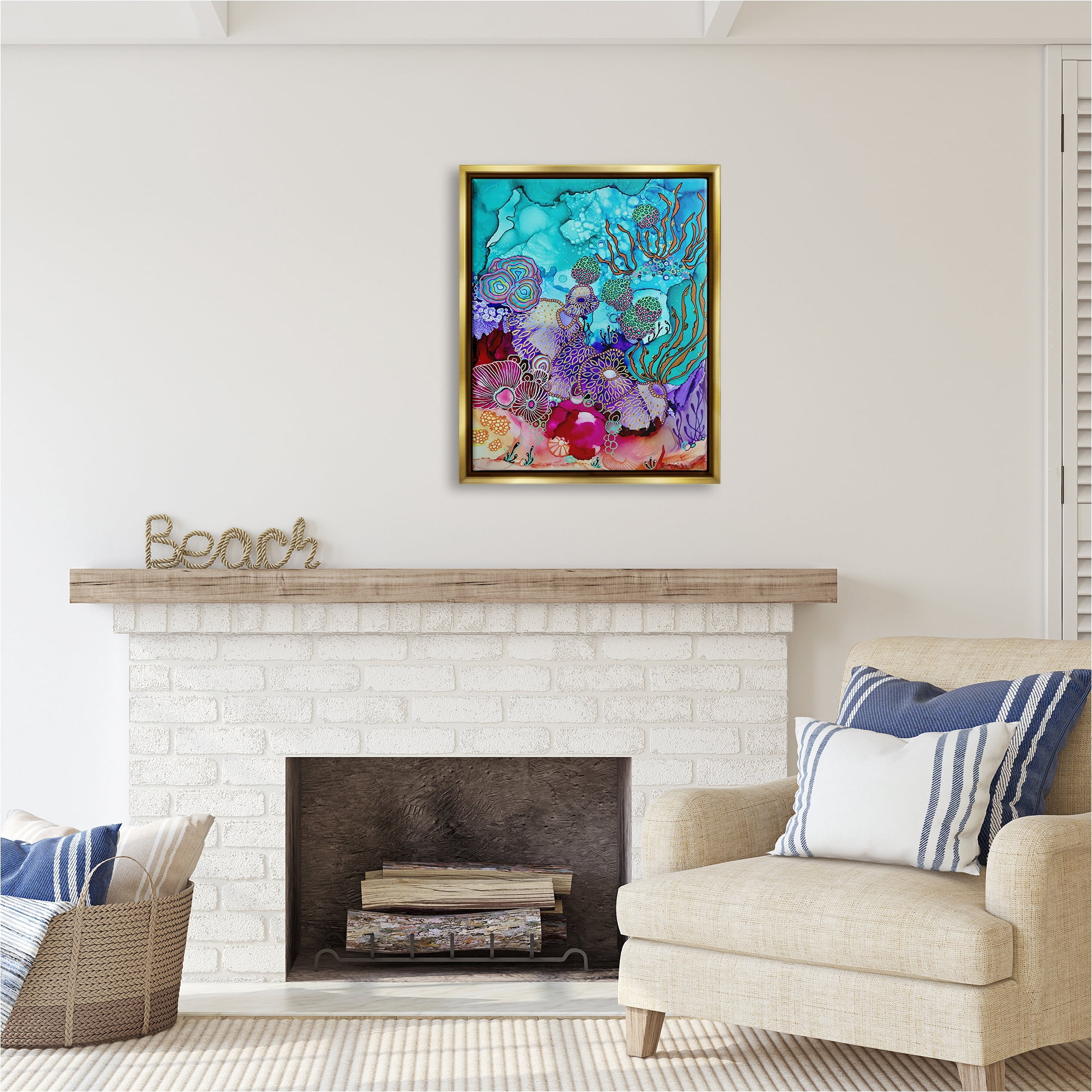 Stupell Industries Modern Coral Reef Abstract Painting Gold Floater Framed Canvas Art Print Wall Art, 25 x 31