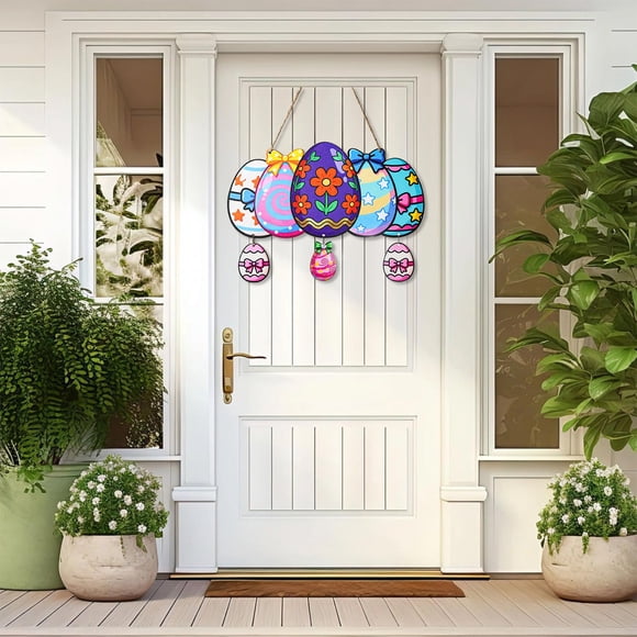 Easter Decorative Door Hanger Wooden Hanging Sign with Colorful Egg and Rabbits Print Large Size Holiday Door Decoration Suitable for Easter
