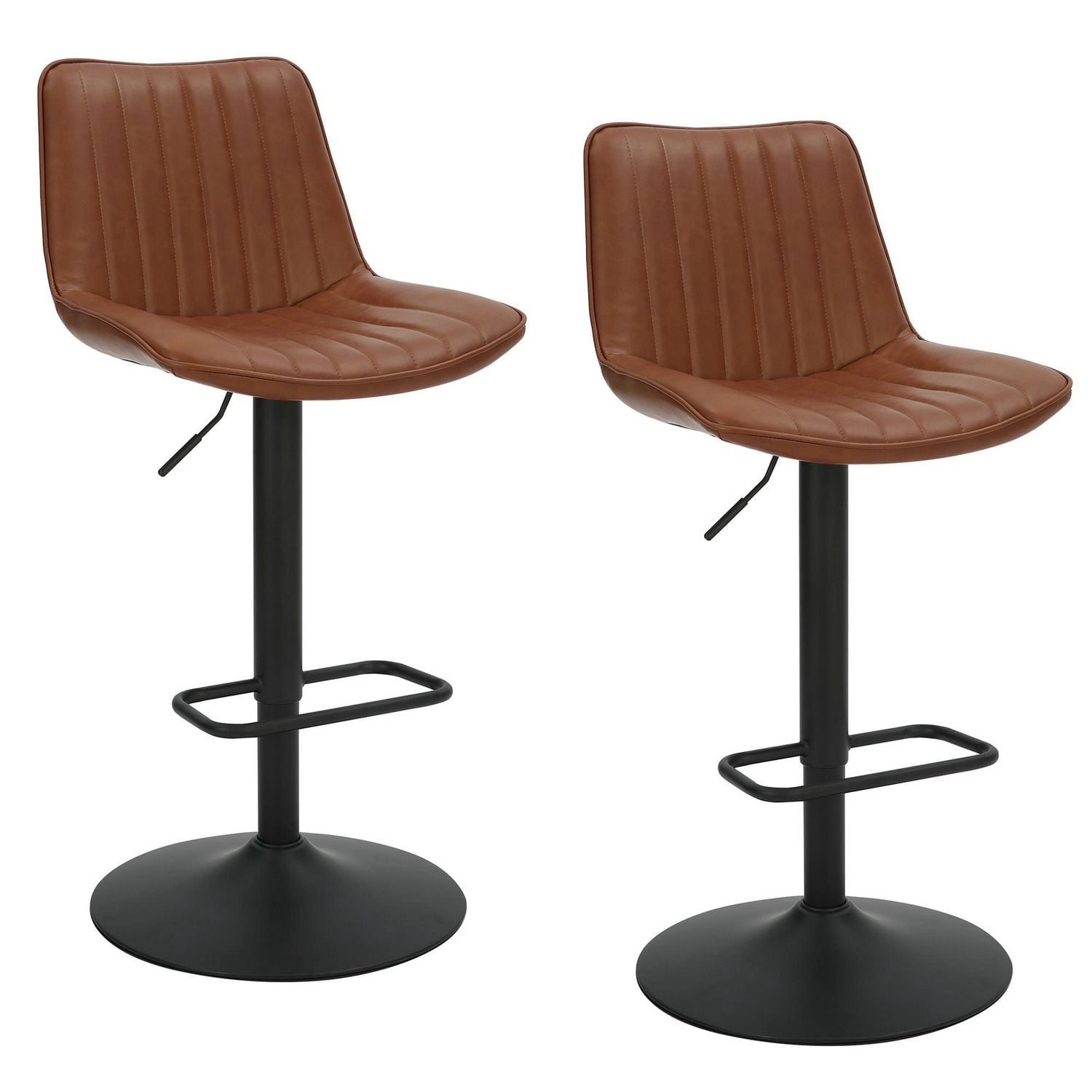 Contemporary Faux Leather & Metal Adjustable Air-Lift Stool, Set of 2 - Saddle & Black