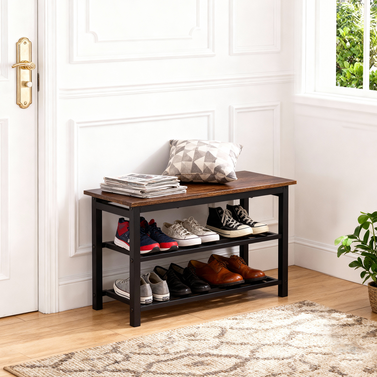 27" Shoe Bench, Modern Industrial Shoe Storage Bench, Entryway Bench with Mesh Shelf and Sturdy Metal Frame, Metal Shoe Rack with Durable Wood Top for Hallway, Mudroom, Living Room, Rustic Brown