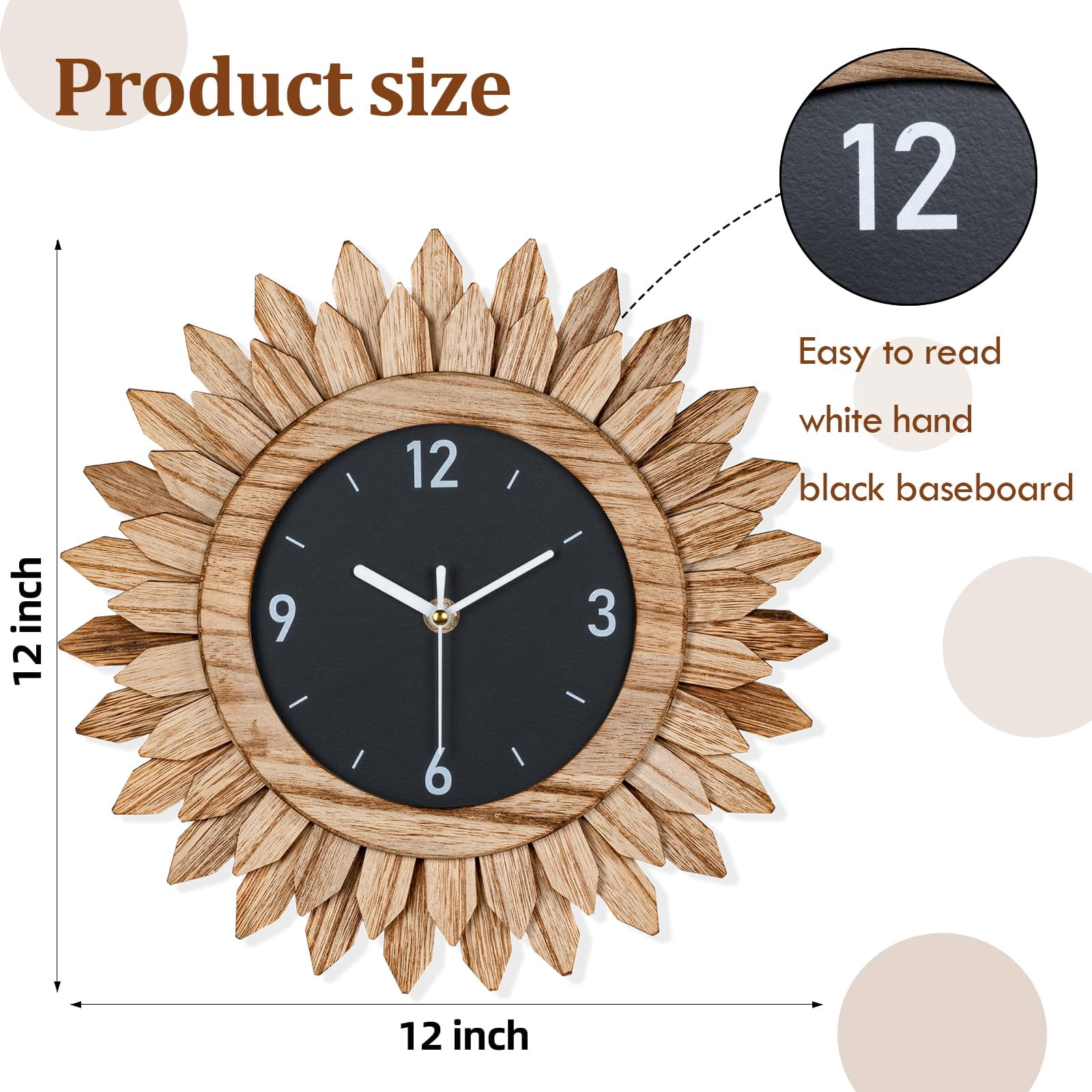 12 In Rustic Wood Boho Sunburst Decorative Wall Clock Silent Non Ticking Farmhouse Small Wall Clocks for Living Room Kitchen Bedroom Decor (Rustic Brown)