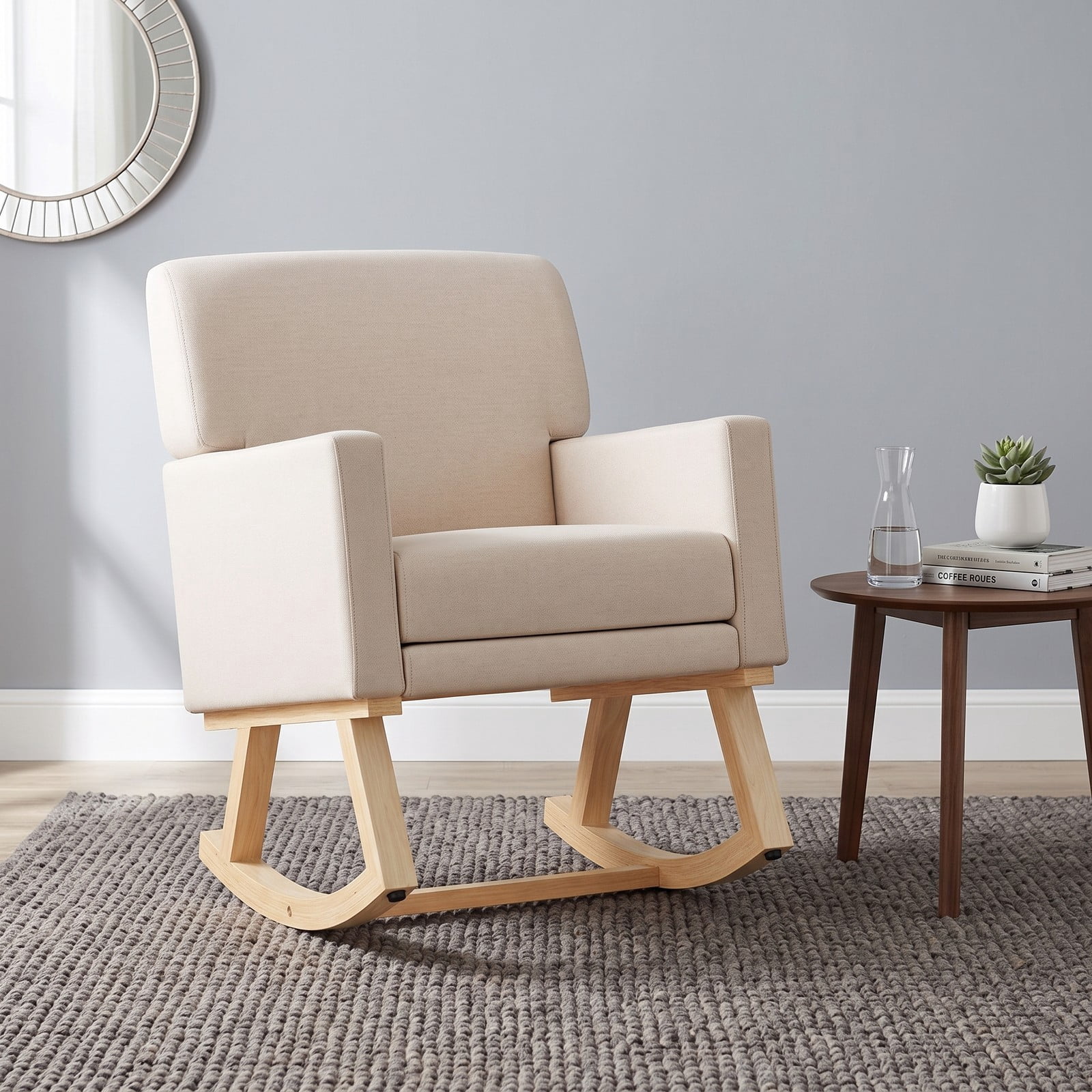 Furnibear Upholstered Rocking Chair with Solid Rubber Wood Base, High Back Padded Glider Nursery Accent Rocker for Living Room Bedroom, 350 lbs Capacity, Beige