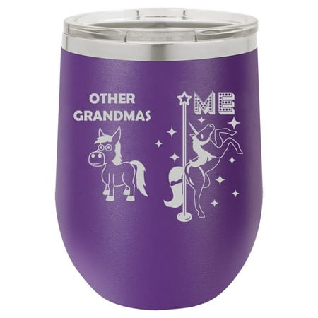 

12 oz Double Wall Vacuum Insulated Stainless Steel Stemless Wine Tumbler Glass Coffee Travel Mug With Lid Grandma Superstar Unicorn Funny Grandmother (Purple)
