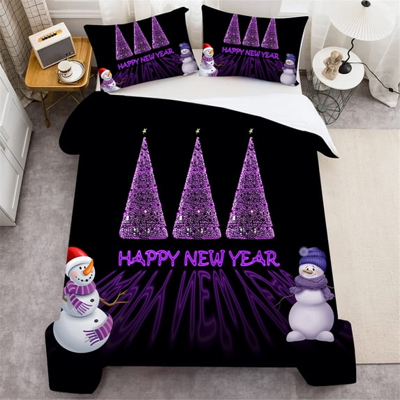 Home Bedclothes Christmas Snowman Printed Bedding Cover Set Black and Purple Home Textiles,California King(98"x104")