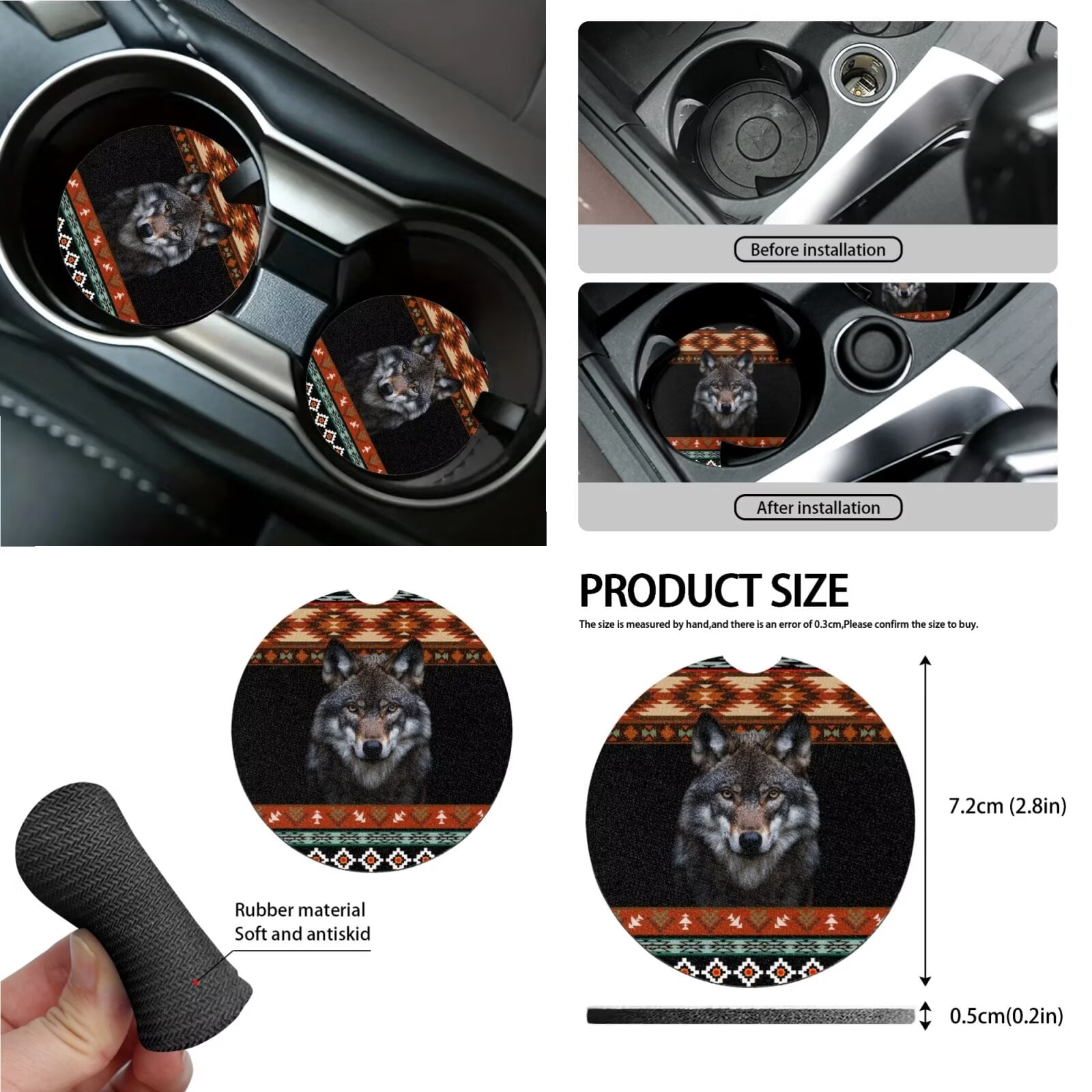 KUIFORTI Boho Car Seat Covers Full Set of 15, Wolf Car Seat Cover/Steering Wheel Cover/Seatbelt Shoulder Pads/Key Chain/Car Trash Bag/Car Vent Storage Organizer/Coasters/Rear View Mirrow Cover