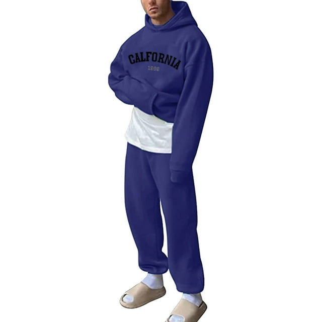 TIMIFIS BlueMen's Tracksuit 2 Piece Hooded Athletic Sweatsuits Pullover Casual Running Jogging Sport Suit SetsFall