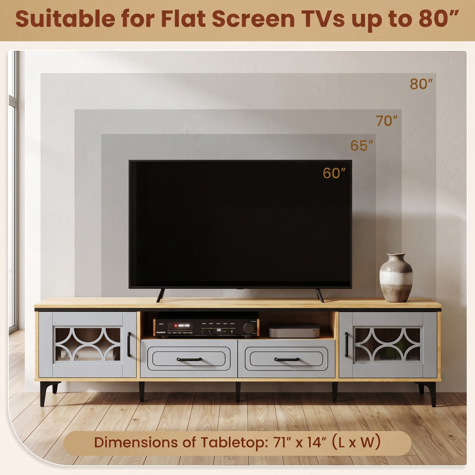 Furnibear Farmhouse TV Stand for TVs up to 80 Inch, 71 Inch Entertainment Center with 2 Drawers, 2 Cabinets & Open Storage Shelf, Wood Media Console, Oak and Gray