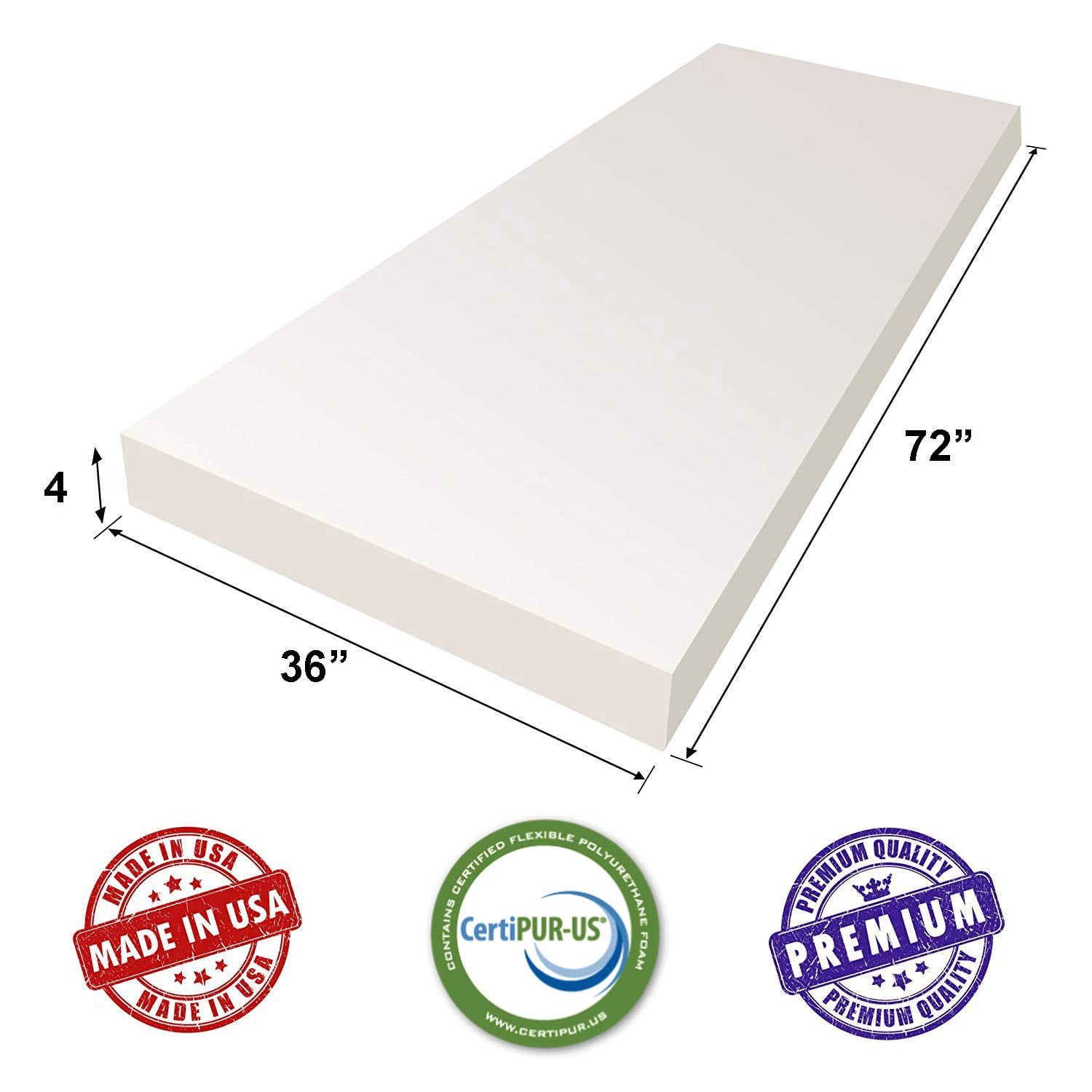 AK TRADING CO. CertiPUR-US Certified Upholstery Foam Cushion Best for Seat Cushion, Furniture Cushion, Bedding Support & Foam Mattress - 4" H x 36" W x 72" L