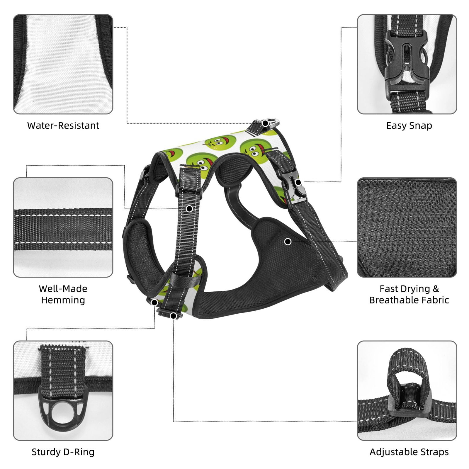 Kdxio Happy Fruit Print No Pull Dog Harness Adjustable Reflective Oxford Easy Control Medium Large Dog Harness for Training and Everyday-X-Large