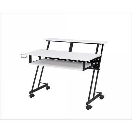 Desks, Music Recording Studio Desk with Storage & Sliding Keyboard Tray, Fits 43” TV | White & Black | Metal, Synthetic Wood