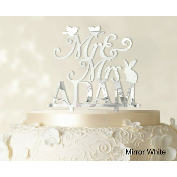"""Mr And Mrs"" Wedding Custom Cake Topper With Birds And Rabbit Elegant Color Option Available 6""-7"" Inches Wide"