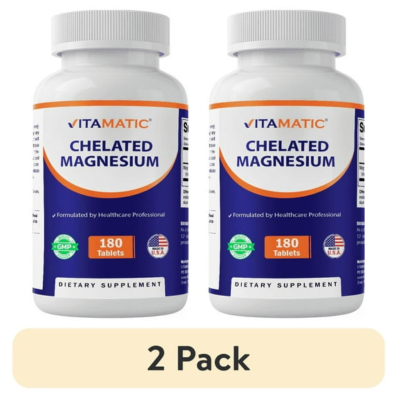 (2 pack) Vitamatic Chelated Magnesium 300mg (Per 1 Tablet) - 180 Tablets - Supports Muscle, Nerve, and Heart Health - Non-GMO, Vegan, Gluten Free, Dairy Free & Made in The USA