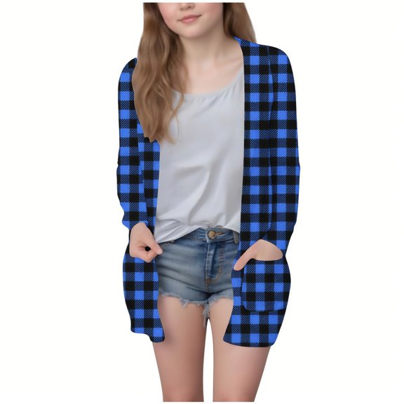 Favoffer Girls’ Plaid Print Cardigan Open-Front Long Sleeve Coat with Pockets Fall Wear Big Kid 5-14Y