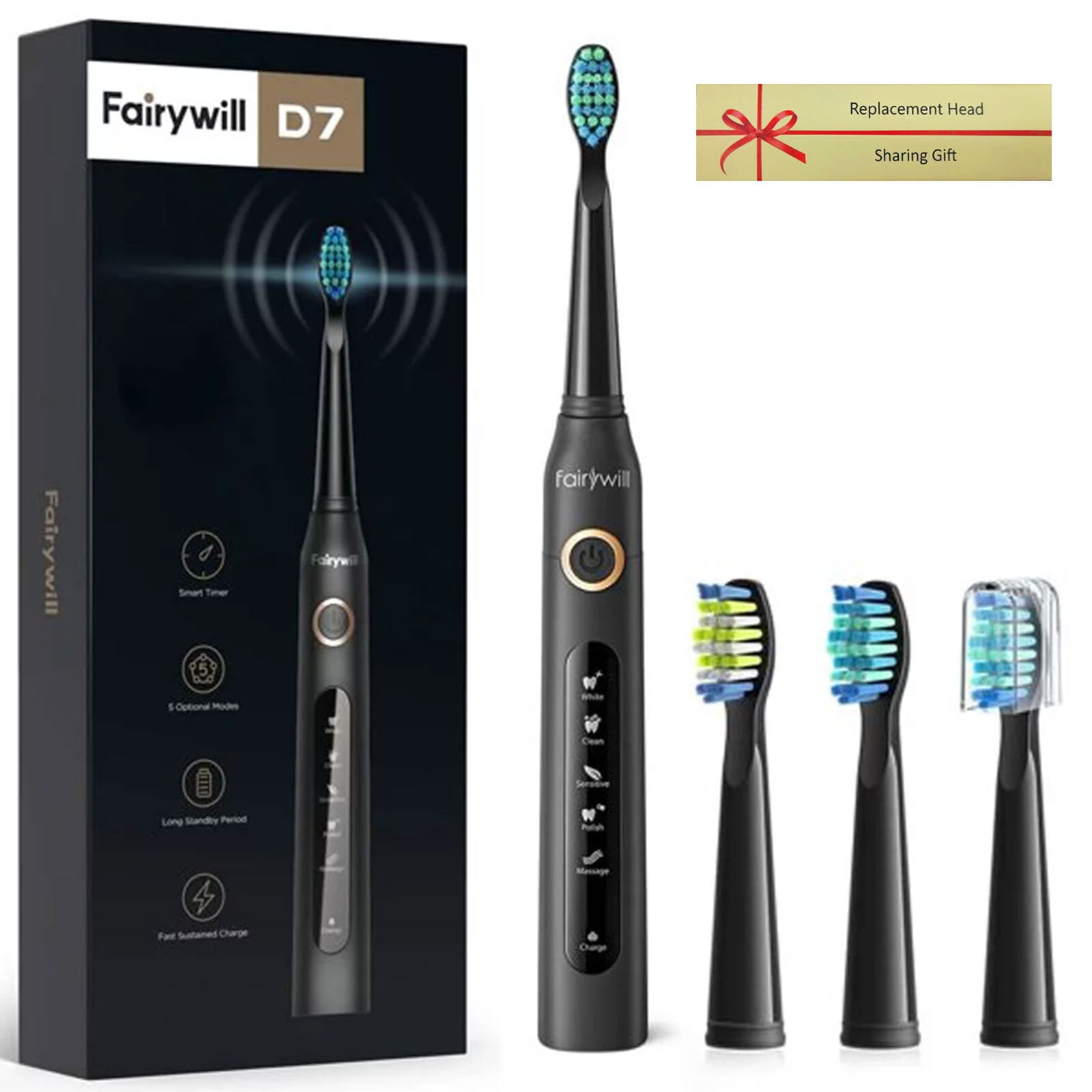 Fairywill Electric Toothbrush, Rechargeable Power Toothrush with 4 Brush Heads, 5 Modes and 2