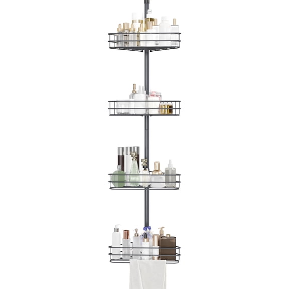 4-Tier No-Drill Corner Shower Caddy, Tension Pole Organizer with Adjustable Shelves – Rust-Resistant Waterproof, Fits 98-110" – Grey