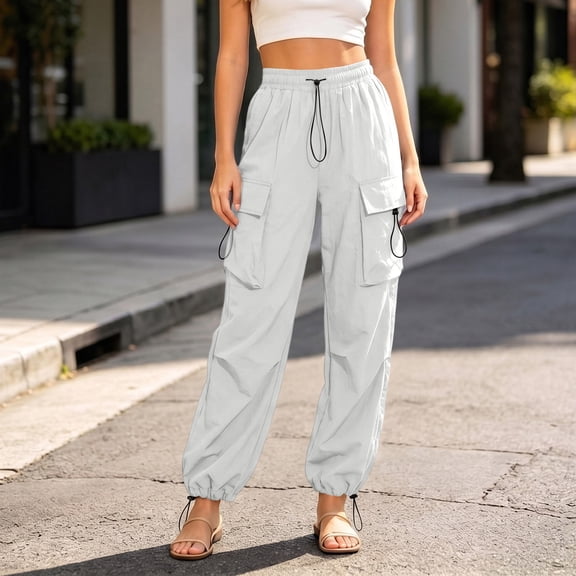 Utoimkio Women's Cargo Jogger Pants Elastic Drawstring Waist Multi Flap Side Pockets Adjustable Cuffed Ankle Outdoor Casual Bottoms