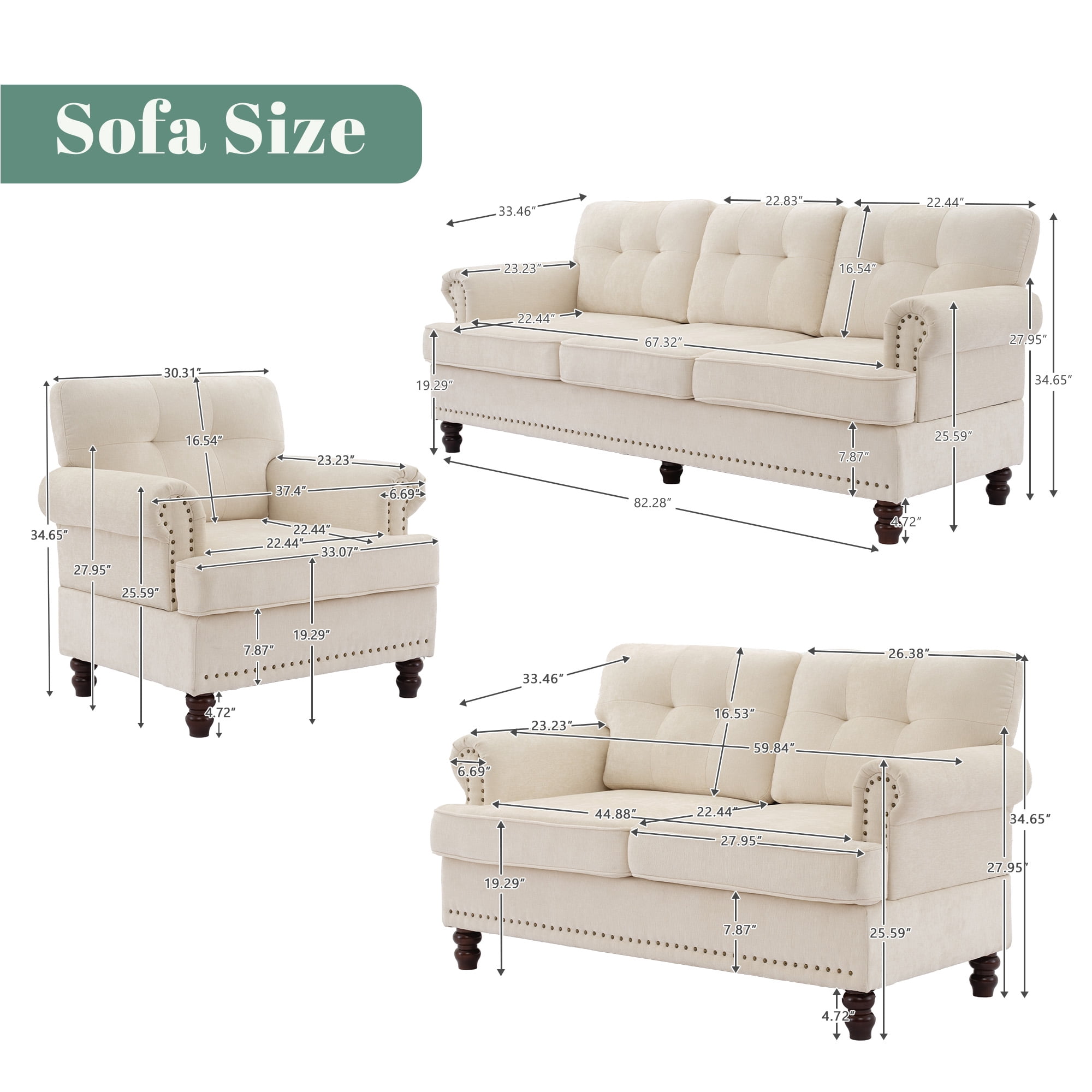 JUSTLET 3 Piece Living Room Sofa Set, Chenille Upholstered Sectional Sofa Couch with Nailhead Trim, Including 3-Seater Sofa, Loveseat and Single Sofa Chair for Apartment Living Room, Beige