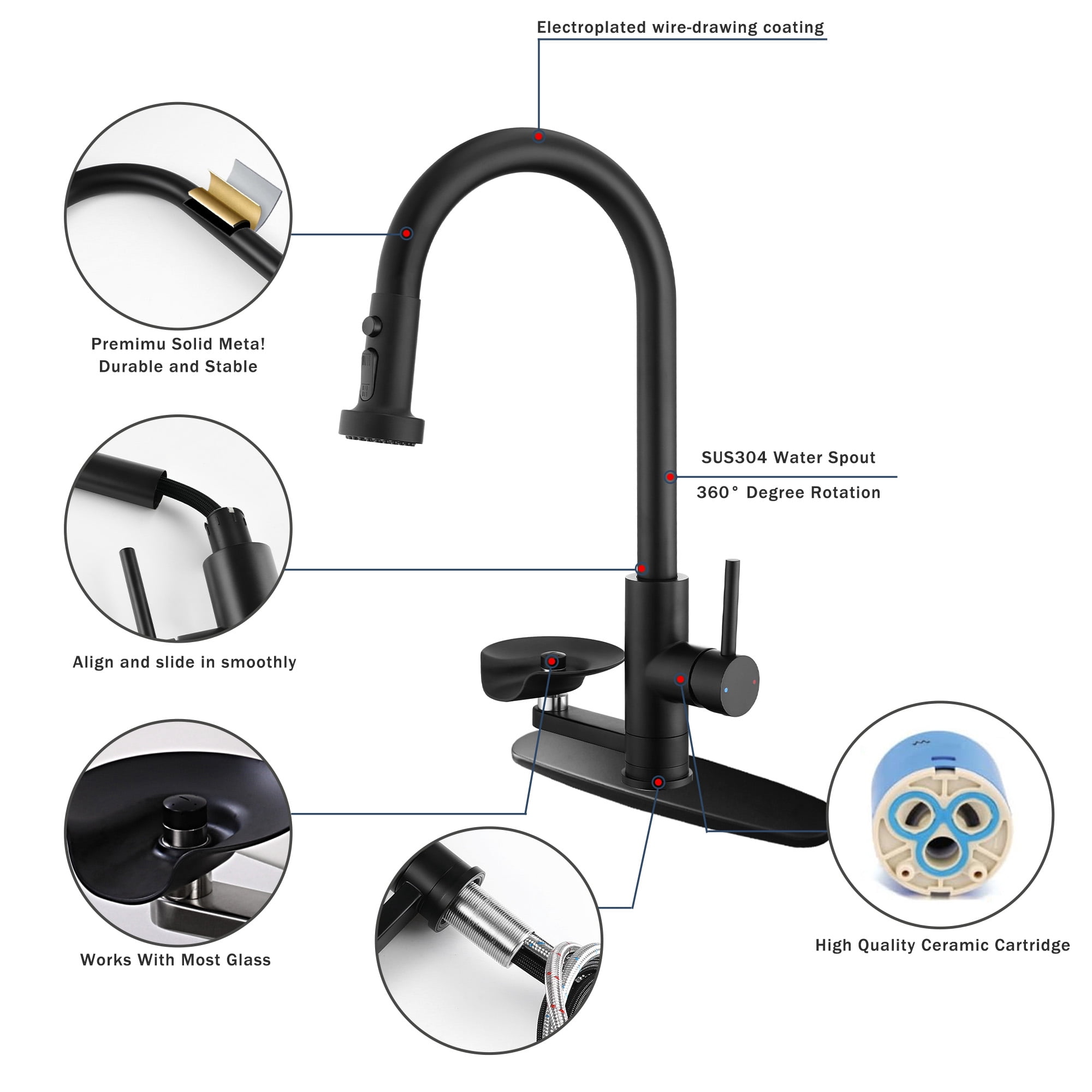 3 in 1 Kitchen Faucet with Press-Type Glass Rinser, High-Arc Pull-Down Sprayer Faucet, 3 Function Spray Mode, Matte Black Finish, for Modern Kitchen Sink