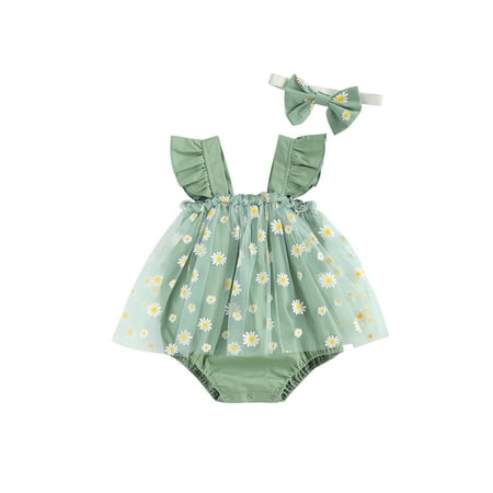 

TheFound Toddler Baby Girls Romper Dress Flower Print Square Collar Sleeveless Lace Tutu Jumpsuits + Headband Set