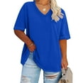 thumbnail image 2 of UsYezik Plus Size Tops for Women Dressy Short Sleeve Spring Summer Tunic Oversized Basic Solid Shirt V Neck Loose Casual Tops Blouse Blue 4XL, 2 of 4