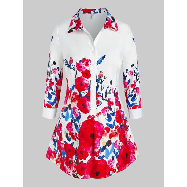 Blusa impresa floral del tamaño de la mitad del tamaño Rosegal Blusas Tallas Grandes