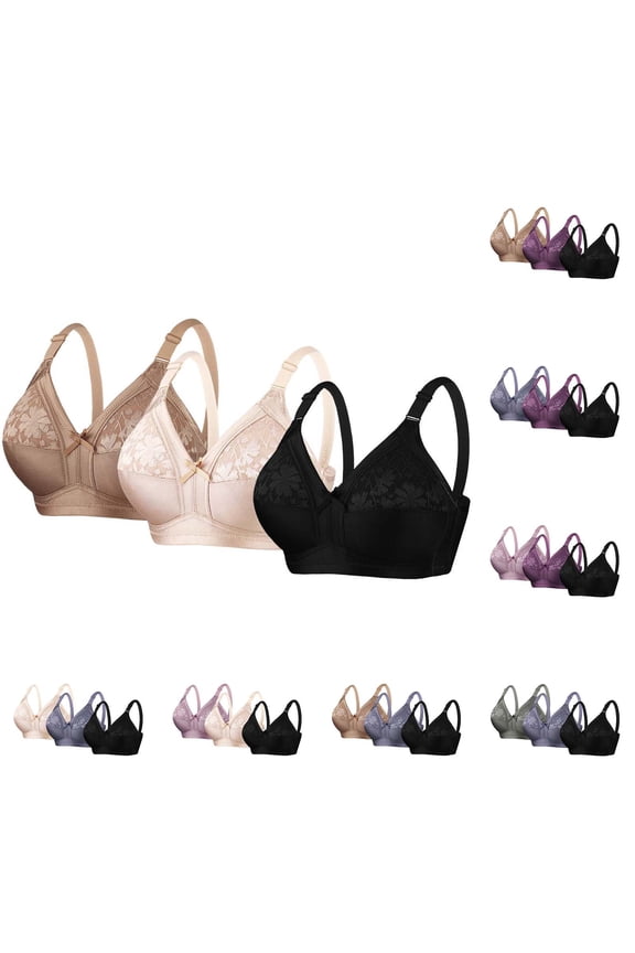 3 Pack Plus Size Wireless Bra for Women Full Coverage Floral Contrast Lace Minimizer Bra V Neck Comfort Bralettes Full Coverage Everyday Bras, 36C-46D