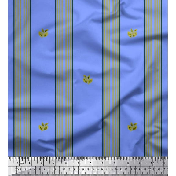 Soimoi Blue Cotton Voile Fabric Leaves & Stripe Printed Craft Fabric by the Yard 42 Inch Wide