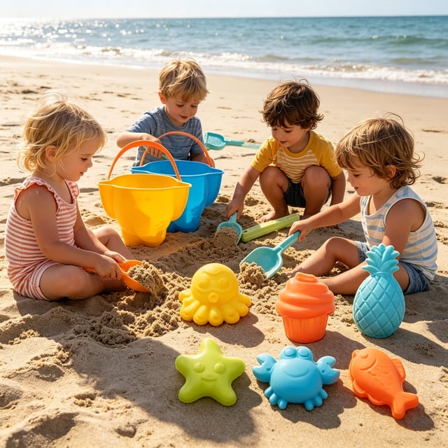 YWIYIUD 6PCS Reusable Beach Toy Set with Sand Bucket Shovel and Cute Model for Beach Backyard Park Pool and Outdoor Activities Practical Beach Interactive Toys for Parent and Teens