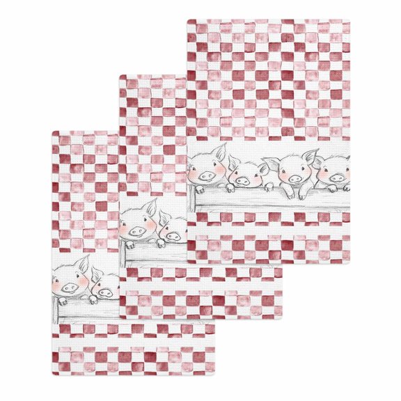 Red Plaid Farmhouse Kitchen Dish Towels for Drying Dishes Set of 3, Watercolor Cute Country Pigs Checkered Waffle Weave Microfiber Hand Tea Bathroom Towels Quick Dry & Absorbent Towel 15.7x23.6