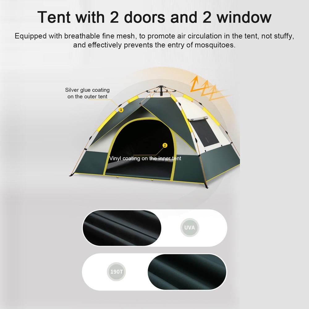 3-4 Person  Camping Dome Tent, Quick Setup Windproof & Rainproof Ultraviolet Protecting Shelter with 2 Door & 2 Window for  Camping Hiking Backpacking Beach