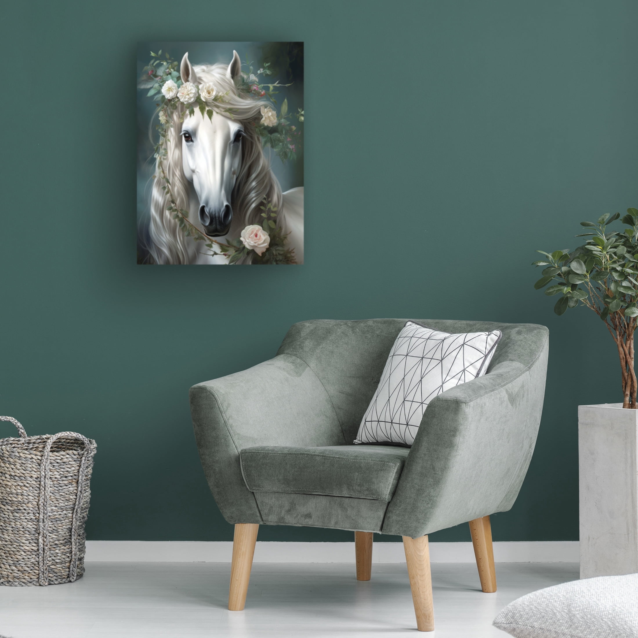 Canvas Wall Art - Momart 'White Horse Crowned By Flowers' Wall Art for Living Room, Bedroom, or Office Décor by Trademark Fine Art - 24 x 32 Inches
