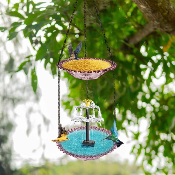 Solar Cascade Hanging Bird Bath Fountain, Double Layer Outdoor Hummingbird Bath with Feeder, Solar Powered Birdbath Water Kit, Decor for Patio Yard Garden