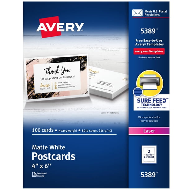 Postales Avery® Sure Feed - Brillo 97 4 x 6 - 100 / Caja - Mezcla FSC - Esquinas redondeadas, perforadas, pesadas, sin recubrimiento, sin manchas