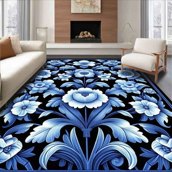 ODIKA 4'x6' Machine Washable Non-Slip Area Rug, Geometric Floral Hallway High Traffic Rug, Blue, 204938