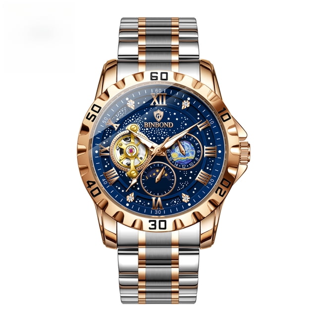 Reloj Mecánico para Hombre con Cielo Estrellado, Correa de Acero Bicolor Impermeable de 30 M con Fases Lunares Luminosas
