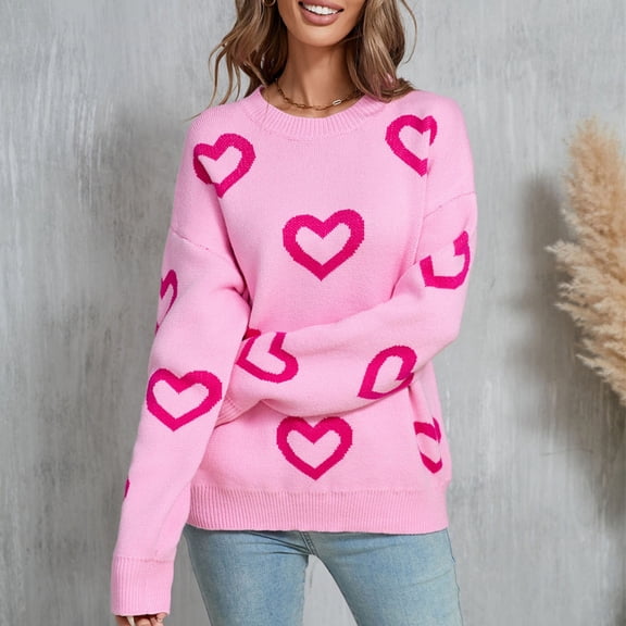 DailyTrove Women's Heart Print Knit Sweater, Long Sleeve, Casual Weekend & Date Wear, Soft Wool , Contrast Hem, Plus Size Friendly