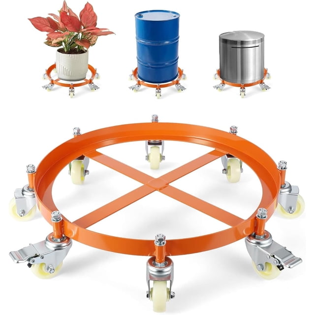 Ourlova Chariot Tambour à 8 Roues 55 Gallons Robuste Capacité de 2000 Livres Chariot Tambour Caddy avec Supports Croisés Roulettes Pivotantes Roue Conception Anti-Basculement Chariot Tambour avec Frein pour