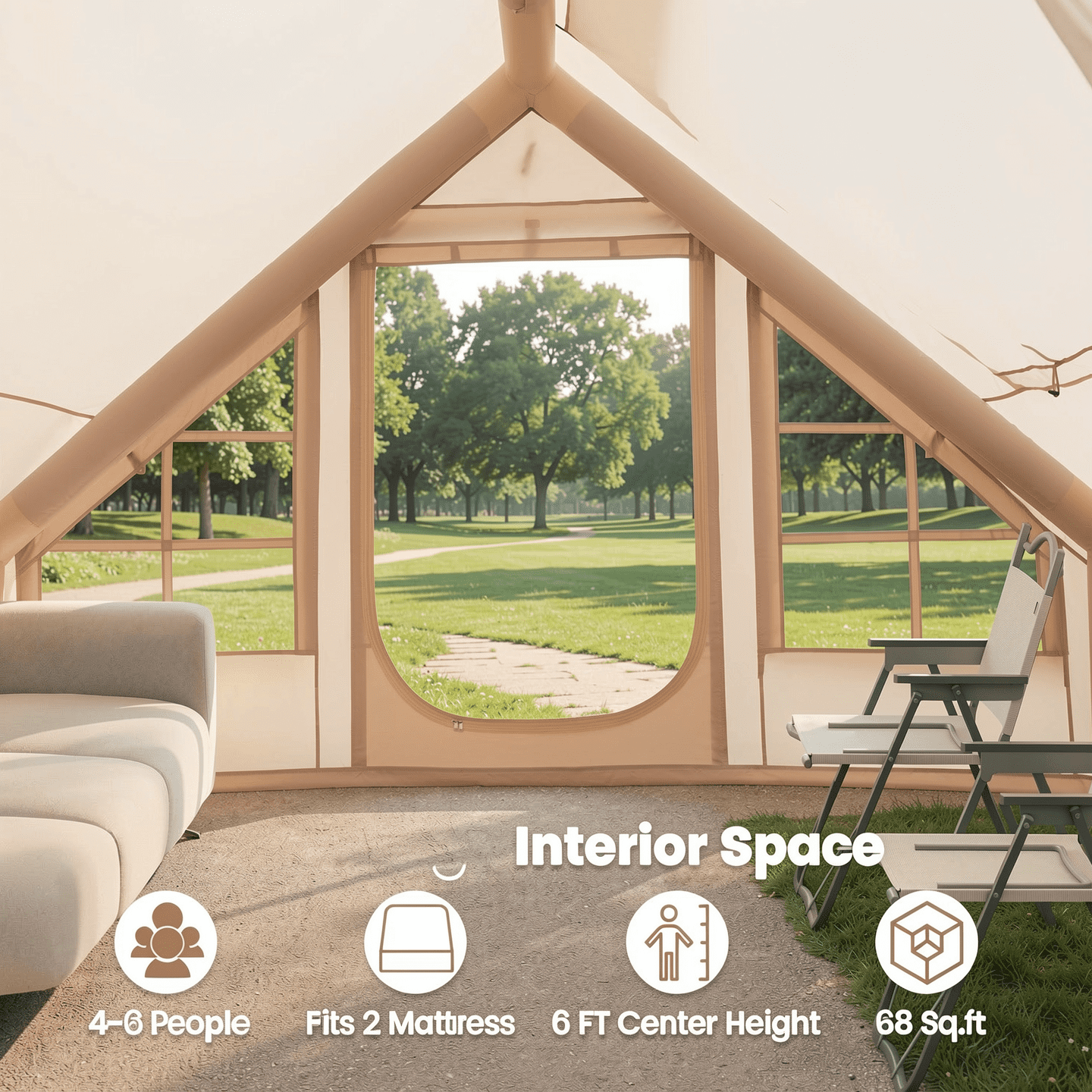 Biotree 4-6 Person Inflatable Camping Tent with Front Porch and Carrying Bag for Family Outdoor Adventures, Beige